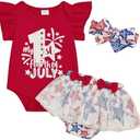 Nsdoiouw Toddler Baby Girl 4th Of July Outfit Ruffle Romper Star Shorts Skirt Headband Independence Day Clothes Dress Set, 3-6M
