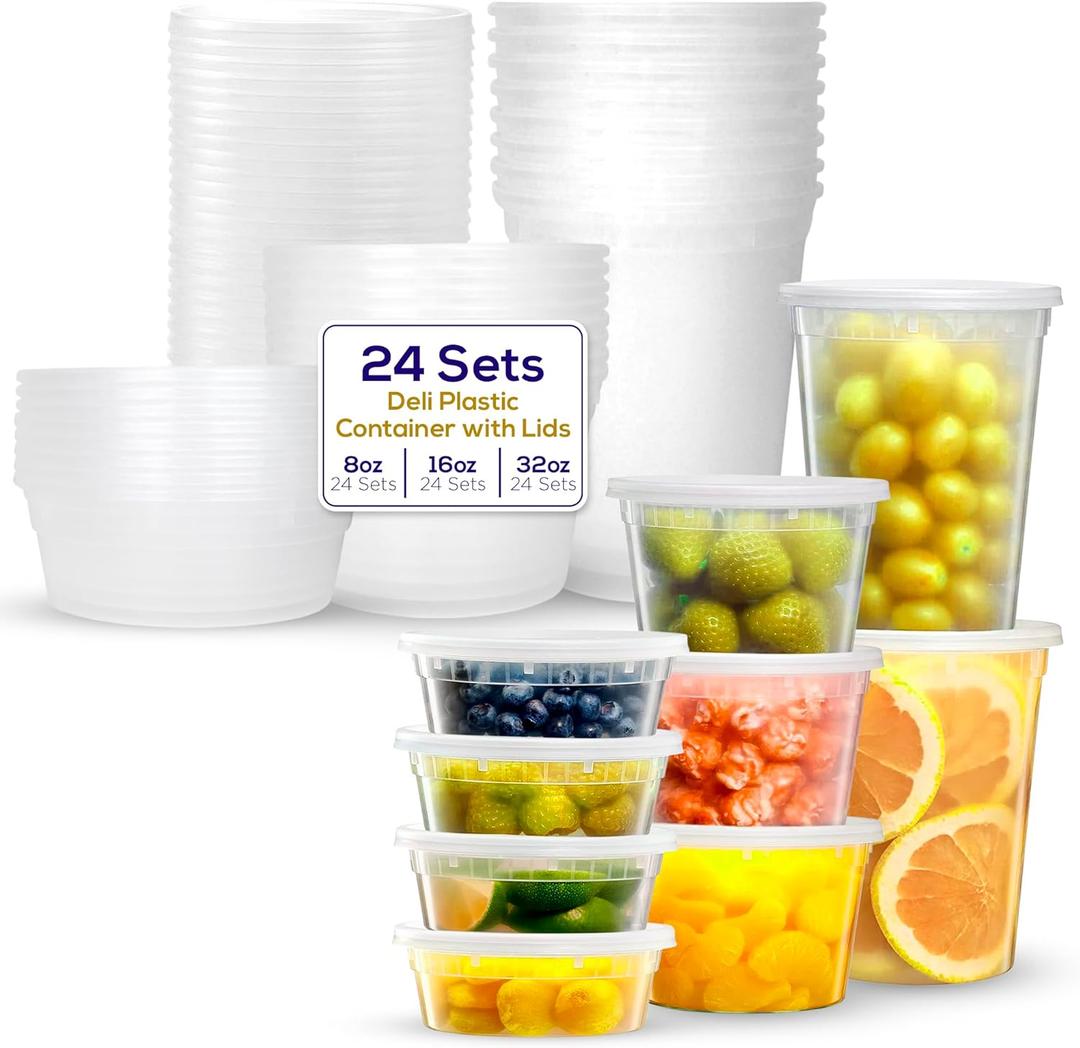 Supreme Deli Plastic Storage Containers with Lids 8oz, 16oz, 32oz [8 sets of each - 24 combo pack] Reusable Food Containers - Microwavable & Freezer friendly - Dishwasher safe - Secure Fitting Covers