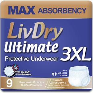 LivDry Ultimate 3XL Adult Incontinence Underwear, Max Absorbant Diapers for Women and Men, XXXL 72 -92" Waist, Leak Proof Cuff, XXX-Large, 9 Count