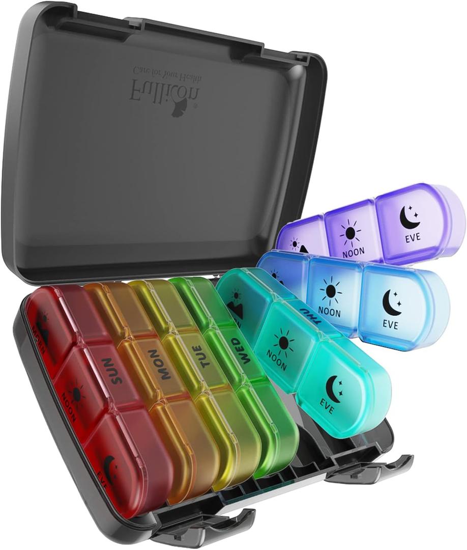 Pill Organizer 3 Times a Day, Fullicon Large Weekly Pill Case 7 Day, Daily Pill Box with 21 Compartments, Pill Dispenser Supplement Holder for Pills/Vitamin/Fish Oil - Multi-Colored