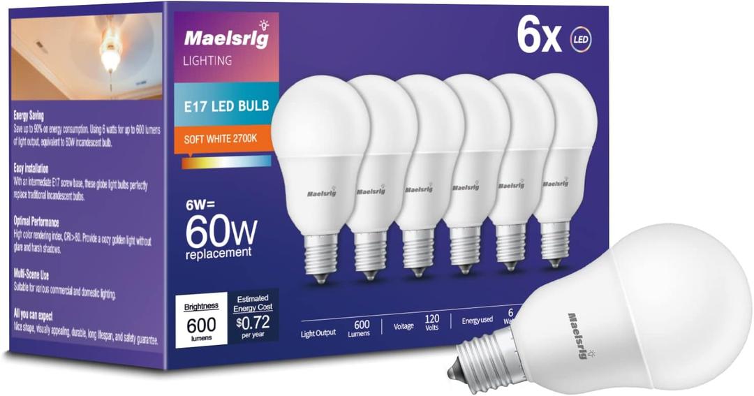 E17 Intermediate Base LED Bulb, 6W (60 Watt Equivalent) G14 Globe Ceiling Fan Light Bulbs, Soft White 2700K, 600 Lumens, Non-Dimmable, Pack of 6