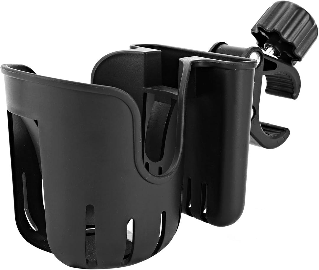 Stroller Cup Holder with Phone Holder, 2-in-1 Universal Cup Holder for Walker, Wheelchair, Bike, Scooter, Fits Most Cup, Black