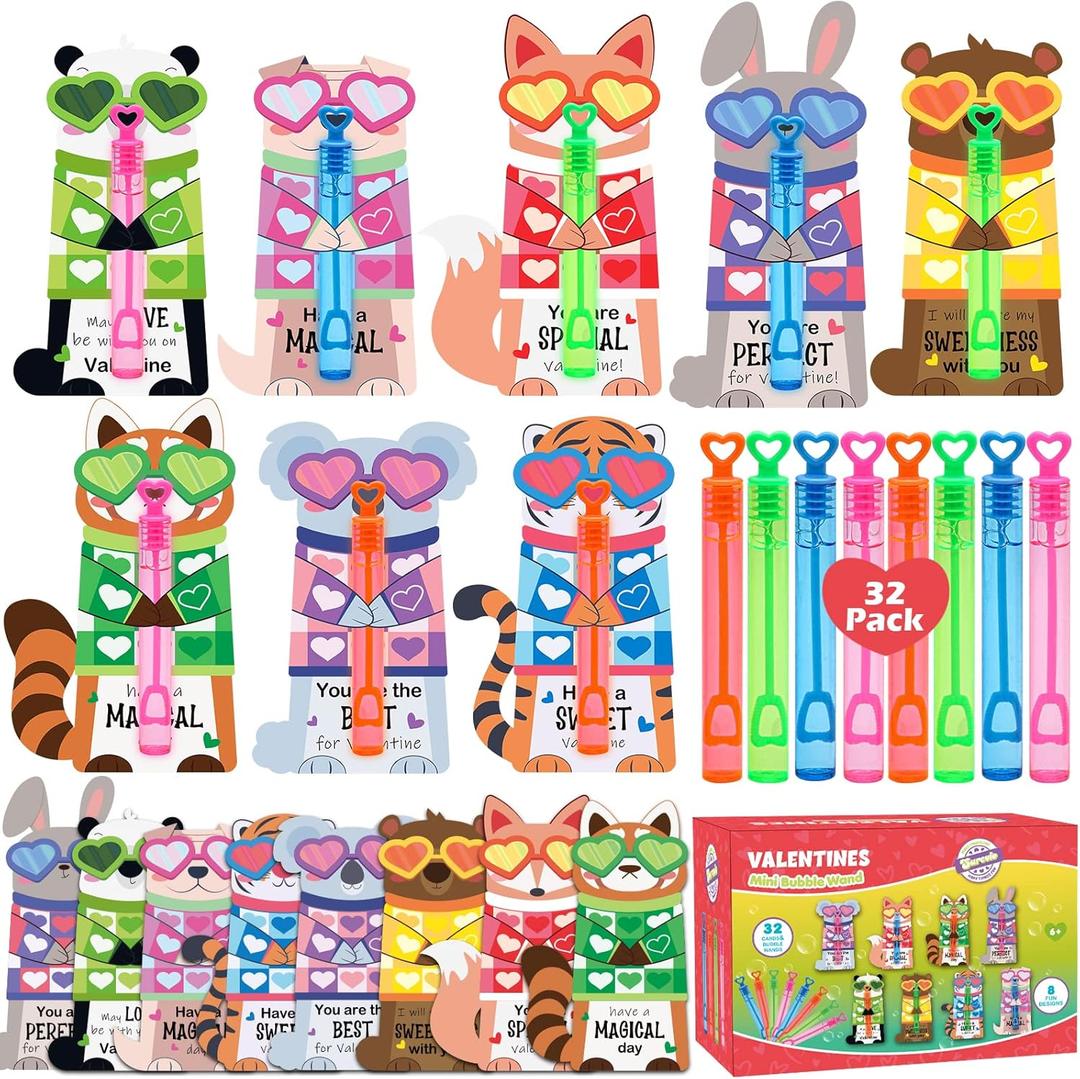Valentines Day Gifts for Kids, 32 Pack Mini Bubble Wands with Valentines Animal Themes Greeting Cards for Kids, Valentine's Day School Prize Party Favor, Classroom Exchange Gift Set