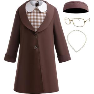 Coolproud Girls Kids American Historical Figures Costume includes coat dress glasses hat and necklace (5-6 Years, Brown)