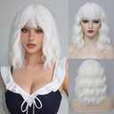 WSTAR White Wavy Bob Wig with Bangs - 14inch White Short Loose Wavy Wig for Women, Bob Style Synthetic Hair with Bangs,Colorful Curly Wigs for Halloween Costumes Cosplay Daily(14inch)
