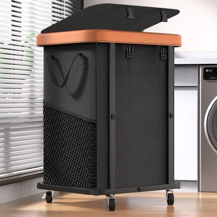 150L (40 Gal) Large Fashion Laundry Basket with Wheels, Leather Patchwork Rolling Hamper Carts, Sturdy Metal Frame, Removable Washable Bag, Tall Clothes Sorter for Bedroom, Laundry Room, Dorm - Black