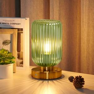 LightRound Cordless Table Lamp for Bedroom, 7500mAh Rechargeable Battery Operated Lamp, Modern Touch Dimmable Wireless Lamp Gold Base Green Glass Shade for Living Room, Desk, Led Bulb Included