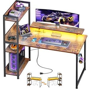 ODK Reversible Gaming Desk LED Lights, 40 Inch Computer Desk with Storage Shelves & Monitor Stand, Study Table for Home Office, Small Space Bedroom, Carbon Fiber, Rustic Brown