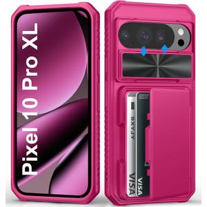 for Google Pixel 10 Pro XL Wallet Case with Card Holder (4-5 Cards), Slide Camera Cover, Military Grade Protection, Heavy Duty Women Girly Men Protective Phone Case for Pixel 10 Pro XL, Hot Pink