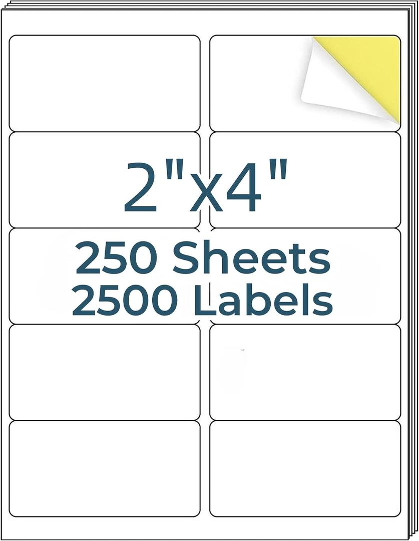 2" x 4" Mailing Labels,2500 Address Labels(250 Sheets),Printable White Shipping Labels for Laser/Inkjet Printer,Permanent Adhesive Sticker Labels