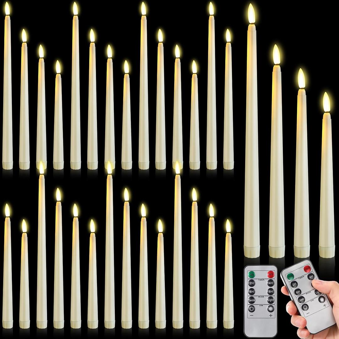 Rossesay 28 Pcs Flameless Taper Candles with Timer Remote 4 Sizes of 8.5", 9.6", 10.83", 12.8" LED Flickering Taper Candles Battery Operated for Valentine's Day Church Wedding Home Decor (Warm White)