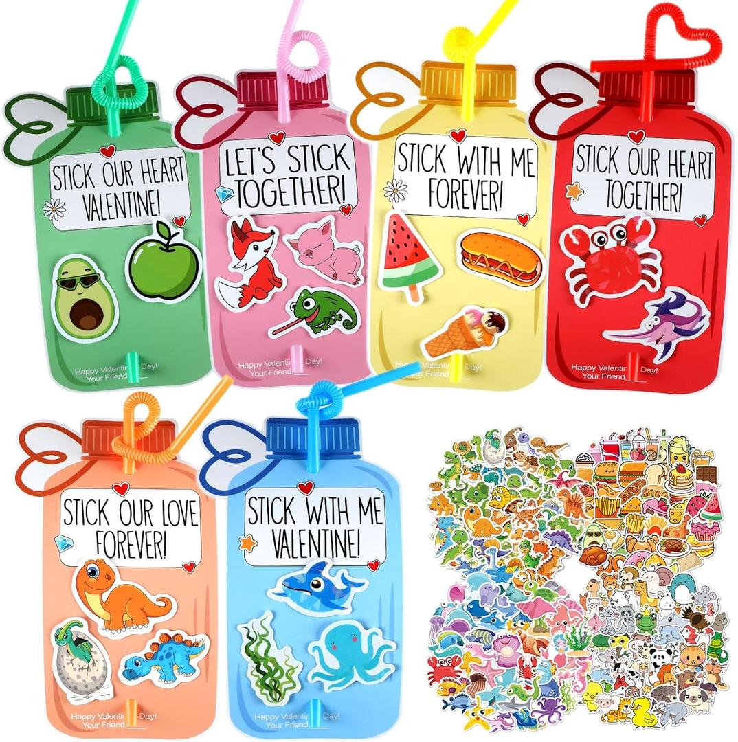 2 x 48Sets Valentines Day Gifts Bulk Valentines Day Crazy Straws with Cards and Stickers Water Bottle Gift Colorful Reusable Drinking Straws Exchange Cards for Friends Party Favors Supplies