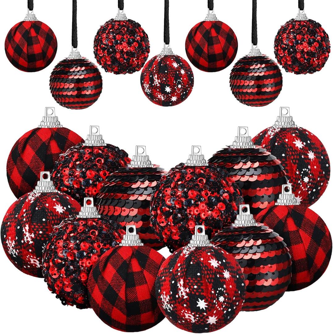 Ferraycle 16 Pcs Christmas Ornaments for Tree 2 Inch Black Red Buffalo Plaid Ball Hanging Decorations Sequin Fabric Wrapped Ball for Xmas Tree Party Decoration