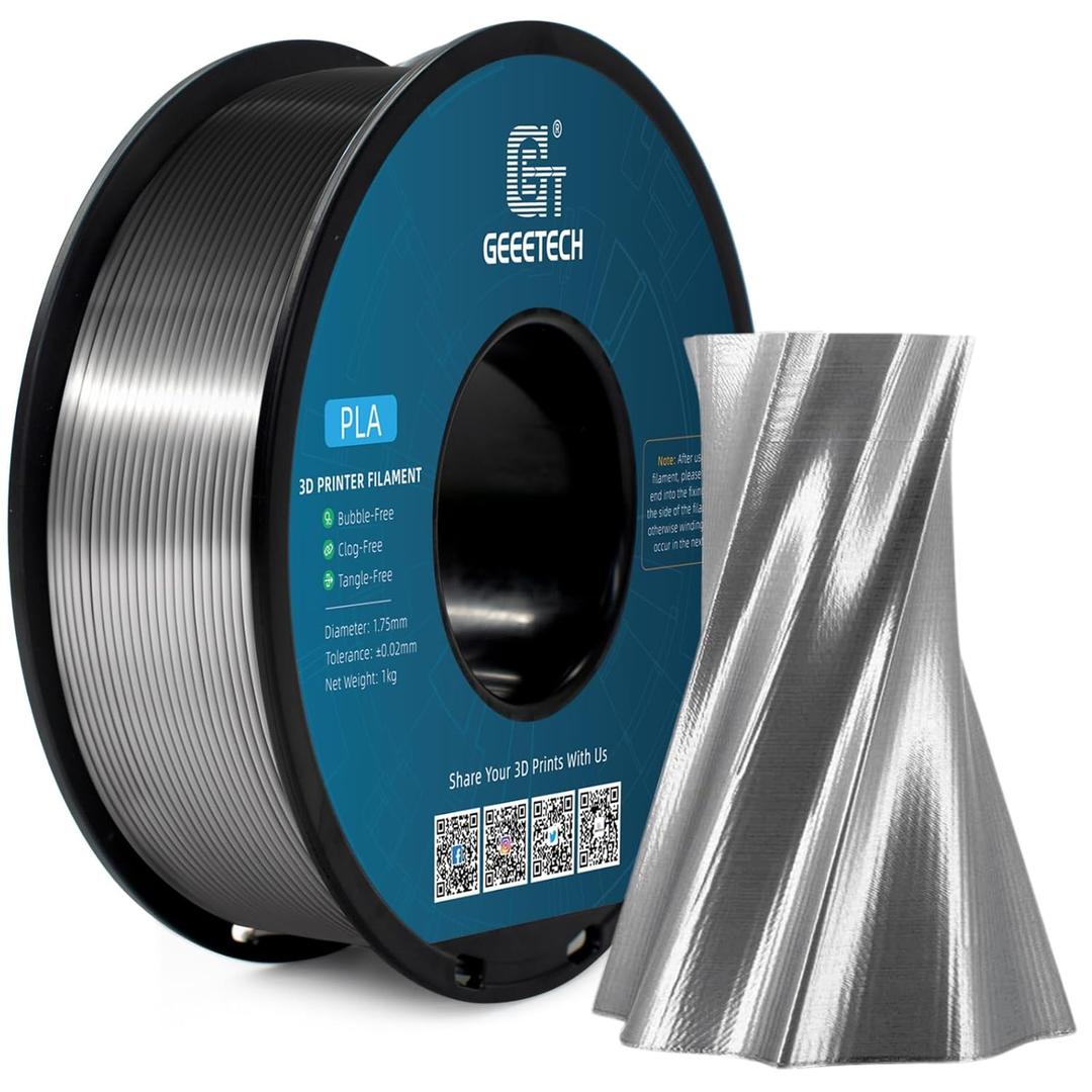 Geeetech Silk PLA Filament 1.75mm for 3D Printer, Metal-Like Shiny Consumable 1kg (2.2lbs) 1 Spool, Dimensional Accuracy +/- 0.02 mm,Metallic Silver