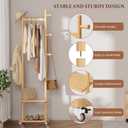 Solid Wood Coat Rack Freestanding Clothing Rack with Wheels & 2 Shelves Storage & 5 Hooks Heavy Duty Clothes Rack Wood Coat Tree Stand Hat Hanger Rack for Corner Bedroom Entryway Living Room Hotel