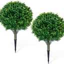 Premium 16" Diameter Artificial Japanese Boxwood Topiary  Set of 2 Faux Plants with Ground Spikes  UV-Resistant, Realistic Outdoor & Indoor Garden Dcor  Weatherproof and Durable