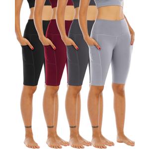 WHOUARE 4 Pack Biker Yoga Shorts with Pockets for Women, High Waisted Athletic Running Workout Gym Shorts Tummy Control (Small, 4packs # Black, Dark Gray, Light Gray, Burgundy)