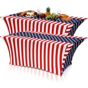 Oudain 2 Pcs Memorial Day Stretch Table Cover 6 Feet Patriotic Spandex Table Clothes Red White and Blue Star Party Decorations for 250th Anniversary Independence Day 4th of July Events Party