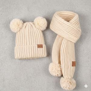 Remifa Kids Winter Hat Gloves Scarf Set, Toddler Girls Boy Fleece Lined PomPom Beanie Hat Kids, Neck Long Scarf  (3-8 Years Old, Beige)