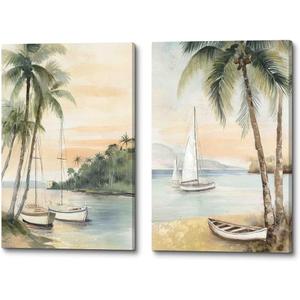 ArtSquare 2 Piece Sailboat Beach Wall Art: Palm Tree Coastal Pictures Ocean Nautical Seascape Prints Abstract boat Artwork for Bedroom Bathroom (11''x16''x2)