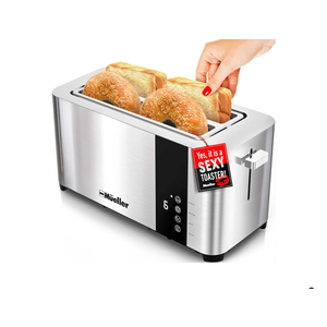 Mueller UltraToast Full Stainless Steel Toaster 4 Slice, Long Extra-Wide Slots for Bagels and Waffles, 6 Browning Levels, LED Display, Cancel/Defrost/Reheat Functions & Removable Tray, Kitchen Gadgets