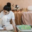 Relavel Small Makeup Bag, Travel Floral Cosmetic Bag with Makeup Brush Compartment, Portable Makeup Pouch for Women, Double Layer Makeup Organizer Bag Cute Toiletry Bag, Green Floral (2-MEDIUM)