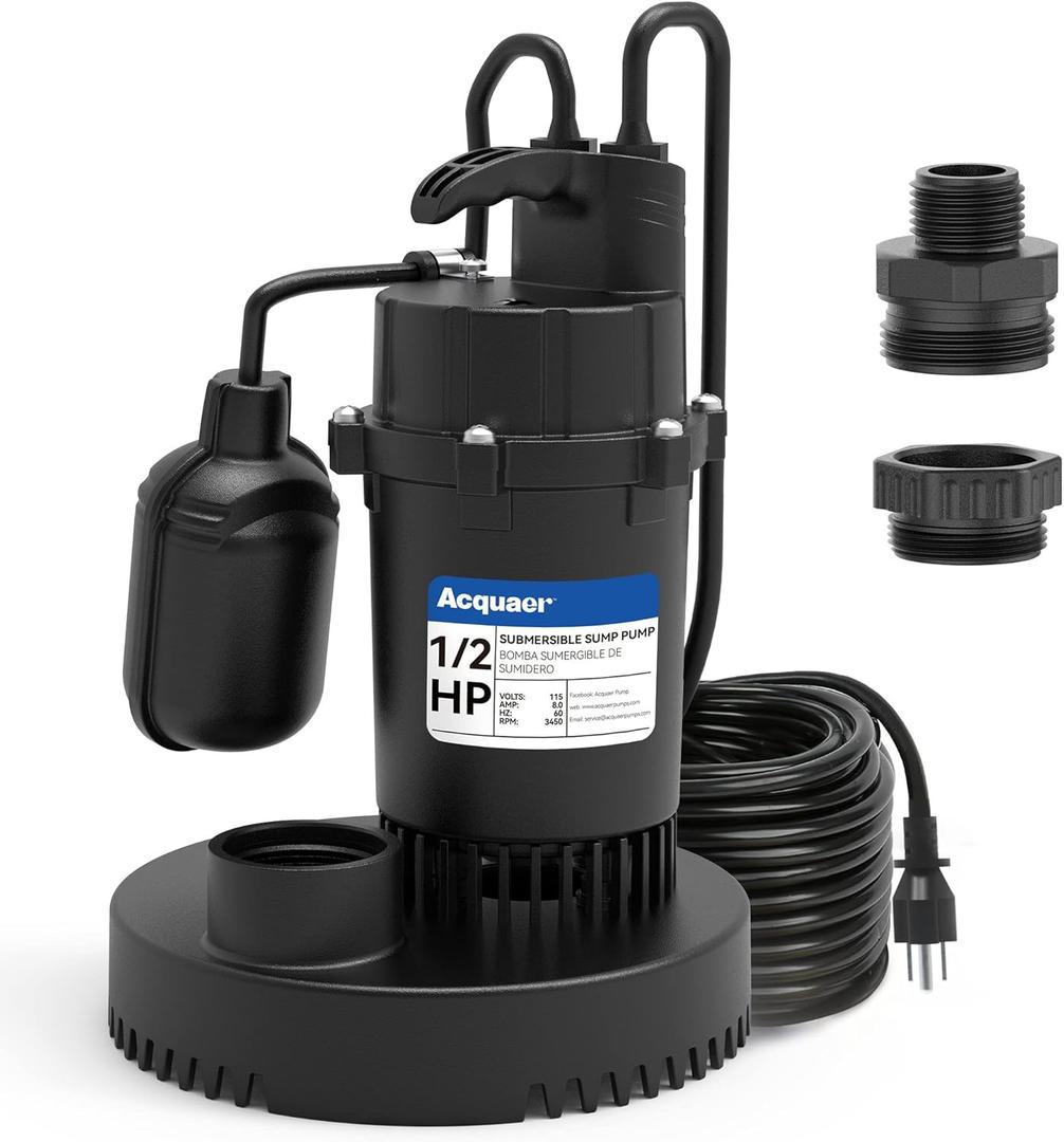 Acquaer Automatic Sump Pump, Submersible Water Pump with 3/4Garden Hose Check Valve Adapter, Thermoplastic Utility Transfer Pump for Flooded Basement Pools Tub Draining, 1/2 HP 4060GPH 10ft Cord