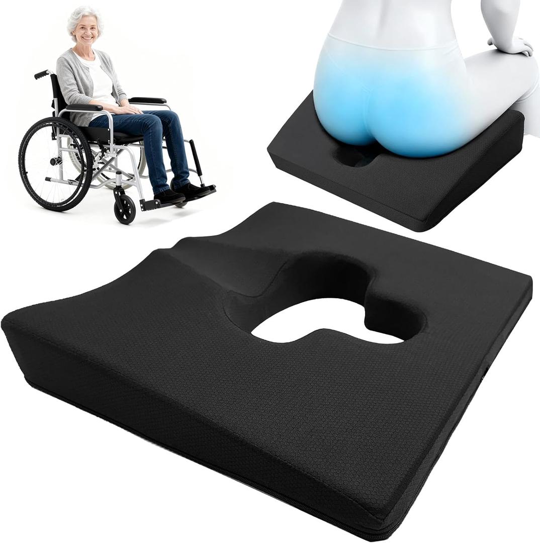Rivquvi Gel Wheelchair Seat Cushion, Bed Sore Cushions for Butt, hemorrhoid pillow for Chair, Pressure Sore cushion, Memory Foam Butt Pillow, Sciatica, Coccyx, Pressure Ulcer Pain Relief, Washable Cover (Black)