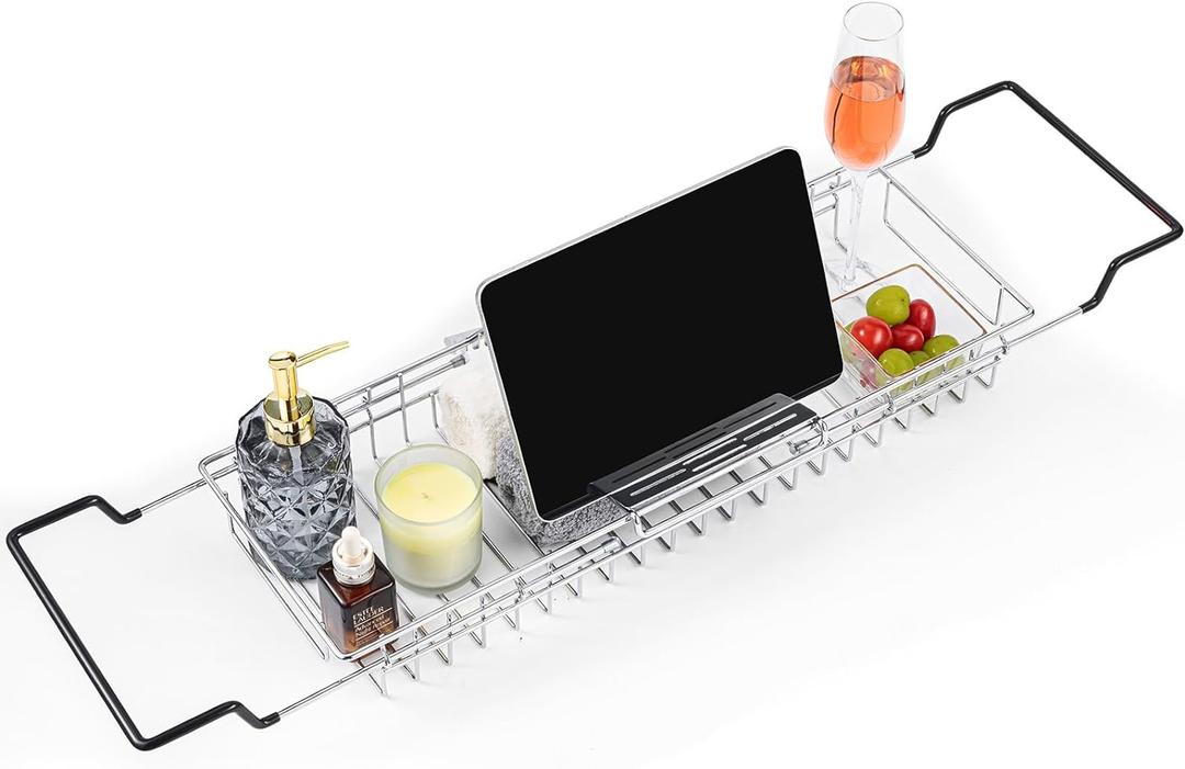 TAILI Bathtub Tray Table for Luxury Bath, Expandable Extra Wide Bthtub Caddy with Reading Holder, 304 Stainless Steel Over The Tub Bath Tray for Bathroom Accessories (Silver)
