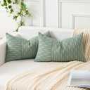 Kevin Textile Sage Green and Beige Patchwork Farmhouse Throw Pillow Covers 12 x 20 Inch, Pack of 2 Spring Striped Linen Decorative Pillow Case for Sofa Couch Chair Bedroom Modern Decor