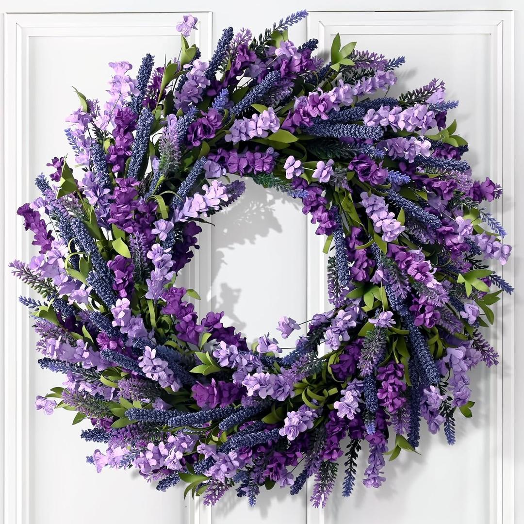 Waipfaru Spring Wreaths for Front Door, 22 Inch Spring Summer Lavender Wreath with Purple Forsythia Flowers for Indoor Outdoor Wall Porch Window Farmhouse Decor