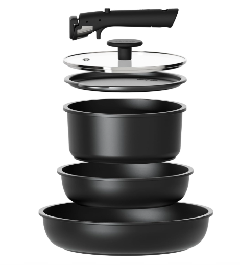 CAROTE 6pcs Pots and Pans Set Non Stick, Cookware Sets, Kitchen Set, Oven/Fridge Safe, Space Saving Pots Set, Nonstick Cooking Set with Versatile Detachable Handle, Induction RV Set, Jet Black