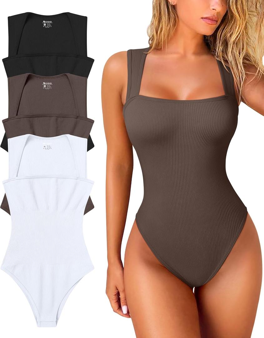 OQQ Women's 3 Piece Bodysuits Sexy Ribbed Strappy Square Neck Sleeveless Tummy Control Tank Tops Bodysuits (Medium, Black,tea Leaf,white)