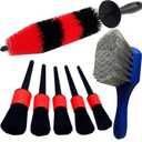 7Pcs Wheel & Tire Brush, car Detailing kit, 17inch Long Soft Wheel Brush 5 car wash Detail Brush car wash kit for Cleans Dirty Tires & Releases Dirt and Road Grime, Short Handle (Red)