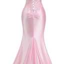 Lace Applique Satin Prom Dresses for Women 2026 Mermaid V Neck Ruched Spaghetti Strap Formal Evening Gown with Slit (Green, L)
