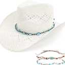 Men's Women's Straw Cowboy Hat, Western Cowgirl Hat, Wide Brim Hollow Out Sun Beach Hat with Three Decorative Bands (White)