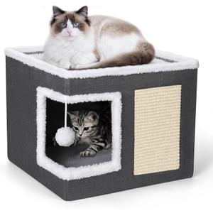 petizer Cat Bed for Indoor Cats, Large Covered Cat House with Scratch Pad, Foldable Cat Cave Bed & Hideaway Cube with Reversible Cushions, Cute Cat Condo for Multi Small Pet Kitten (Dark Grey)