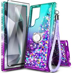 NGB Designed for Samsung Galaxy S22 Ultra Case, Aqua/Purple | Glitter Liquid Sparkle Cute Cover for Women Girls Kids | with Screen Protector & Ring Holder & Wrist Strap Lanyard