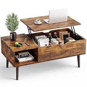 OLIXIS Wooden Coffee Table, Lift Top Coffee Table with Large Hidden Compartment and Ample Storage Shelf, Lift Tabletop Dining Table for Living Room, Home Small Space, Rustic