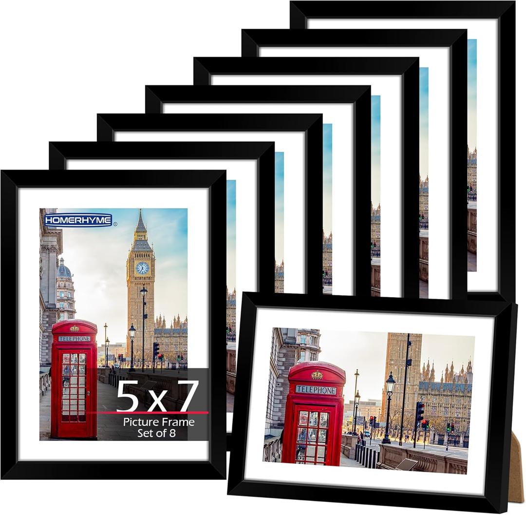 HOMERHYME 5x7 Picture Frame Set 8 Pack, Black Picture Frames for Wall or Tabletop Display, Fits Pictures 4x6 with Mat or 5x7 Without Mat, Poster Photo Frame with Plexiglass for Gallery Home Wall Decor