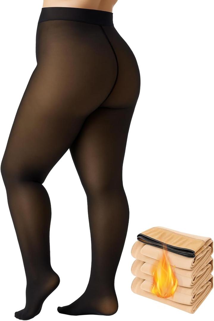 Plus Size Fleece Lined Tights Women, 300g Warm Pantyhose Leggings, Fake Translucent Thermal Tights Winter (5X-Large-6X-Large, Black)