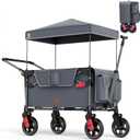EVER ADVANCED Ultra-Compact Wagon for 2 Kids, Travel Foldable Push Pull Wagon Stroller with Removable Canopy, Adjustable Handles & Harnesses, Grey (Gray)
