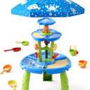 HYES Water Table for Toddlers 3-5, 3-Tier 6 Zones Water Sand Table with Umbrella, Rain Showers Splash Pond Toys for Outdoor Beach Backyard Summer, Kids Activity Sensory Playset for Boys Girls, Blue