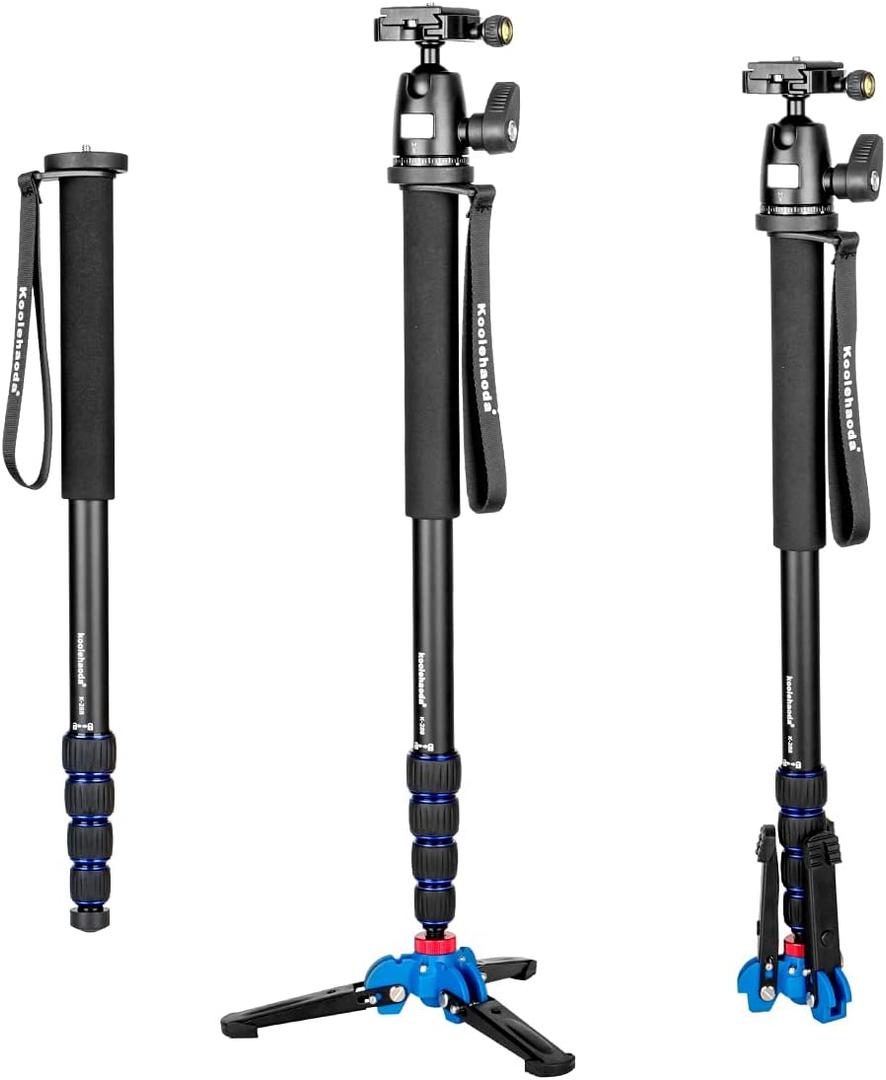 Koolehaoda Camera Aluminum Monopod with Three Feet Stand Support Base & K-09 Ballhead for DSLR Camera Canon Nikon. Extended Max Height 69-inch