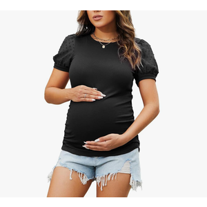 Bhome Maternity Puff Sleeve Summer Tops Crew Neck Swiss Dot Lace Shirts (Medium, Black)