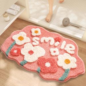 Flower Bath Mat, Cute Funny Pink Textured Floral Plant Bathroom Rug, Plush Soft, Highly Absorbent, Non-Slip, Machine Washable for Shower, Bathtub Side and Doormat, 17.71" x 27.56", Smile