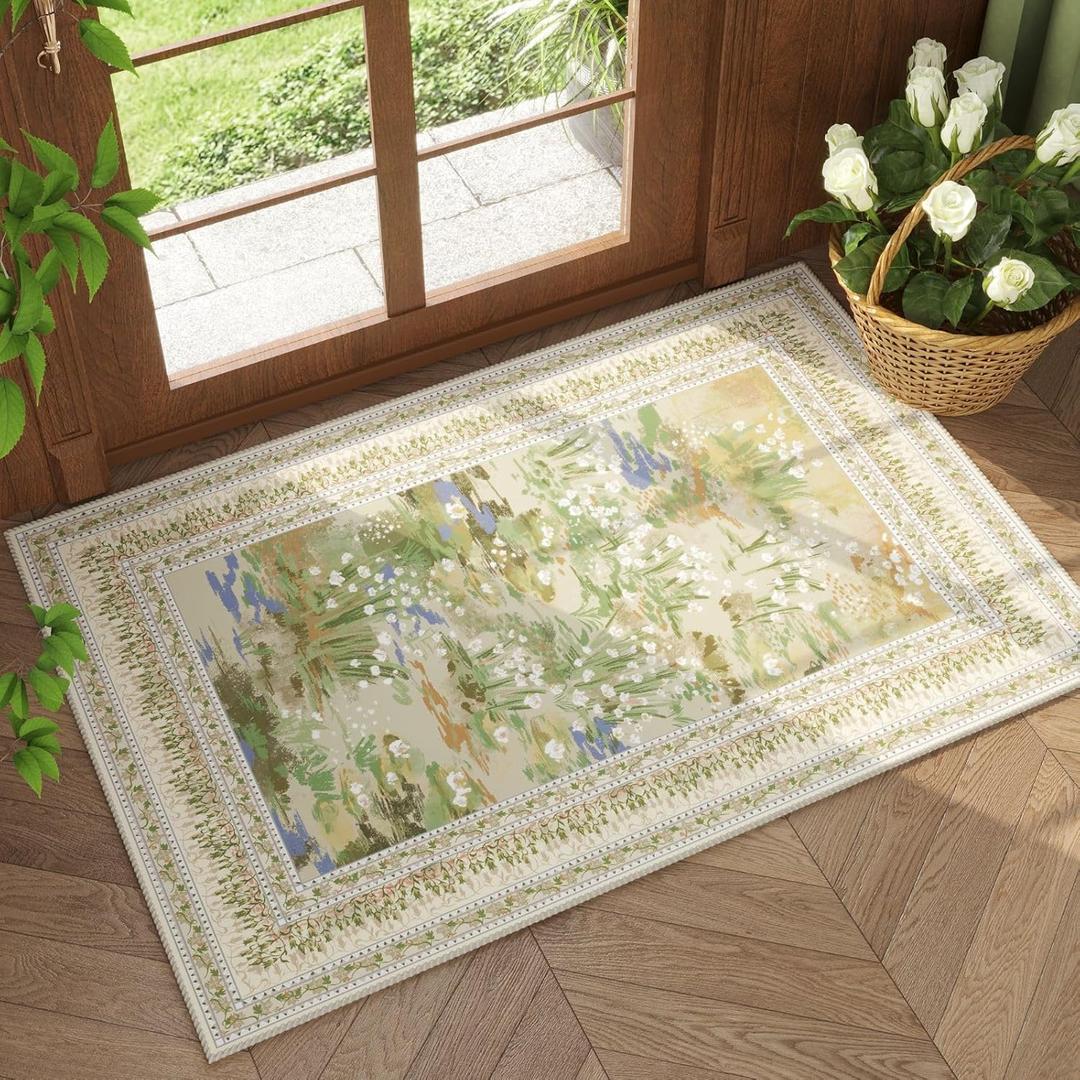 Rugcomf 2x3 Rug Impressionist-Style Vintage Indoor Door Mat Machine Washable Small Area Rug Non-Slip Low Pile Throw Rugs for Entryway Kitchen Front Door Indoor Entrance Entry Kids Room, Beige