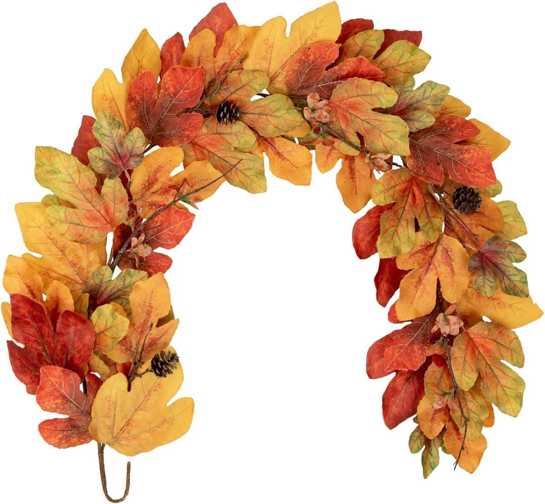 Hollyone 6FT Fall Garland for Mantle Fall Leaves Garland Wreath Loquat Leaf Hanging Vine Garlands Artificial Foliage Pine Cones Garlands for Outdoor Indoor Autumn Home Decor Wedding Party Decoration