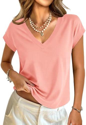GKBK Womens Cotton Tops Cap Short Sleeve Crop V Neck T Shirts Boxy Casual Basic Spring Summer Tee S