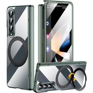 for Samsung Galaxy Z Fold 4 Non-Yellowing Case [Compatible with MagSafe] 360 Rotatable Ring Stand, Electroplated & Hinge Protection & Screen Protector, Magnetic Slim Clear Phone Case, Green